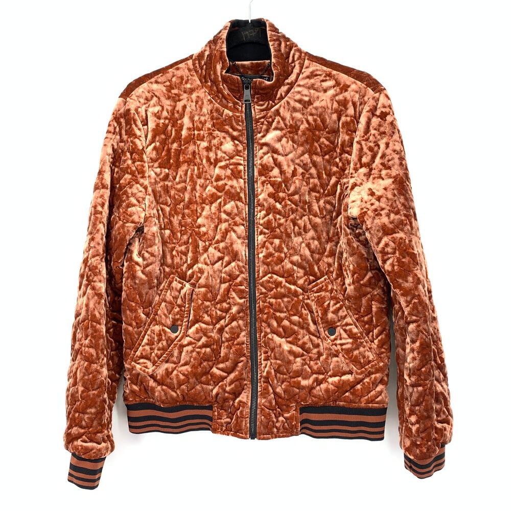 Bernardo Quilted Velvet Bomber Jacket Womens Sz Small Copper Color Black Stripe